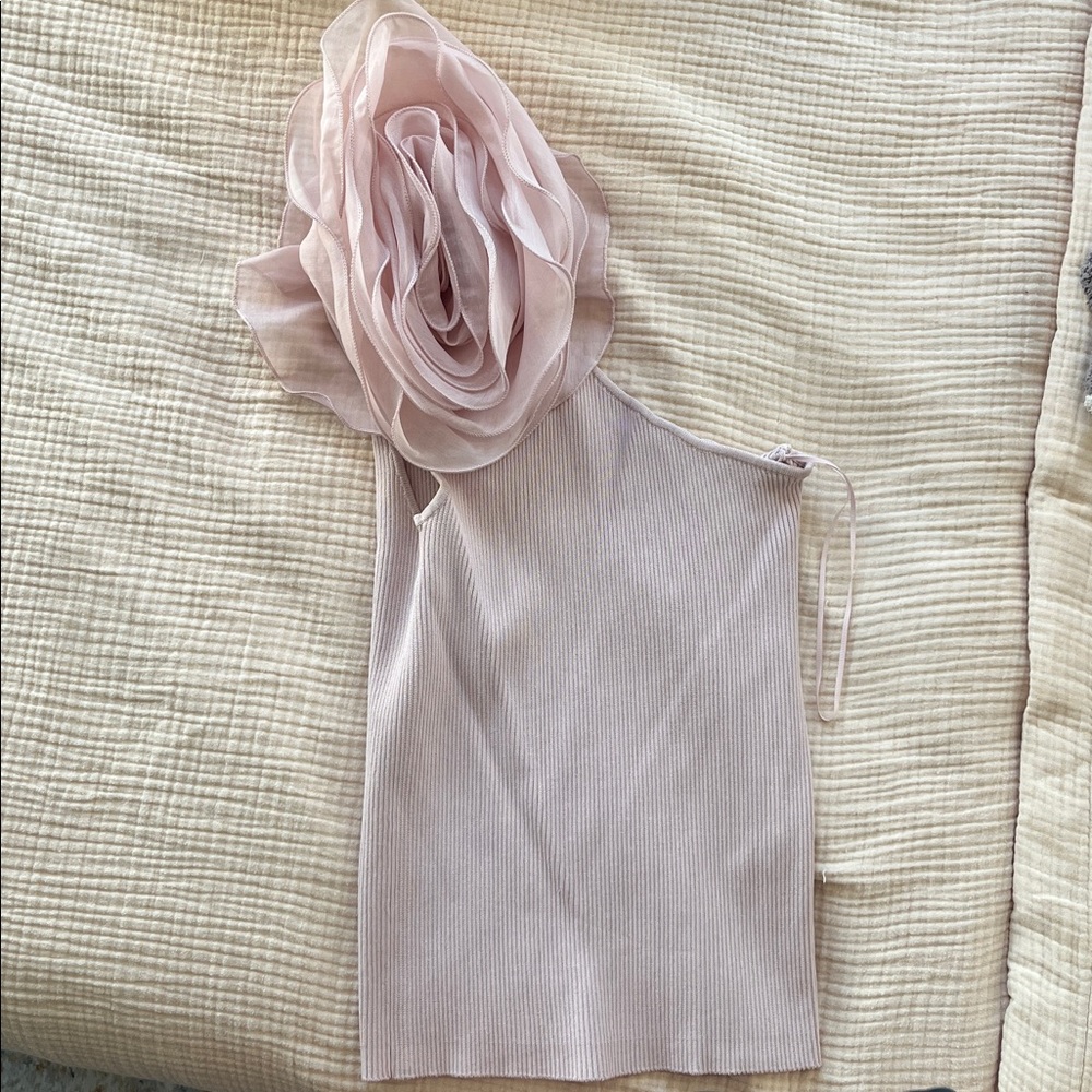 Zara Pink One-Shoulder Top with Organza Floral Detail
